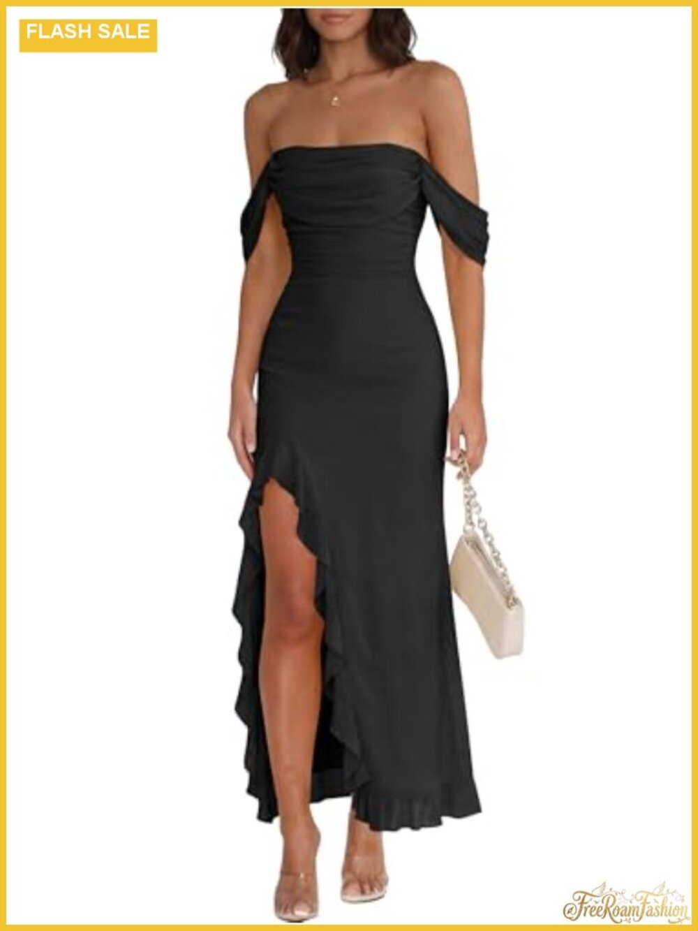 Off Shoulder Bodycon Maxi Dress Ruched Side Slit Sleeveless Formal Wedding Guest